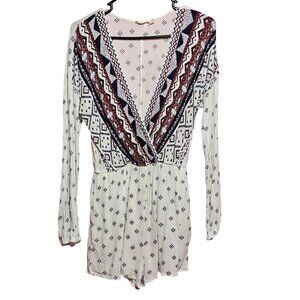 Chloe & Katie Boho Chic Long Sleeve Surplice Romper Shorts Tribal Gauze Fabric